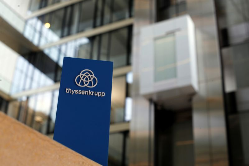 The logo of Thyssenkrupp is seen near elevators in its headquarters in Essen