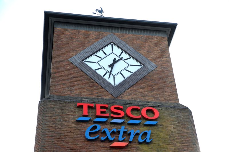 FILE PHOTO: A logo of Tesco is pictured outside a Tesco supermarket in Hatfield