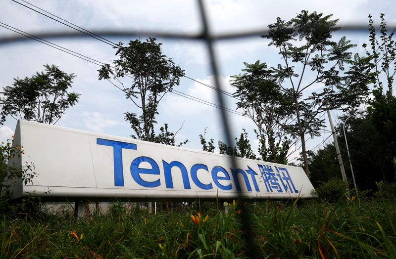 FILE PHOTO: A logo of Chinese tech firm Tencent, owner of messaging app WeChat, is pictured in Beijing