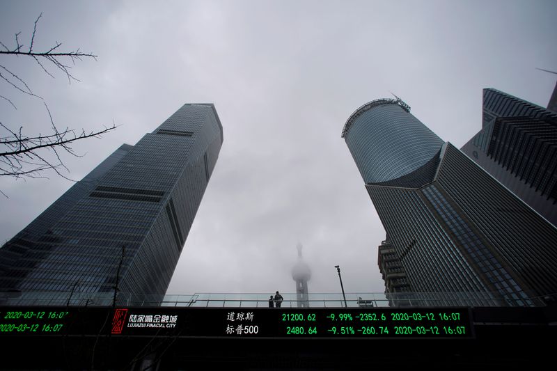 People are seen on a pedestrian overpass with an electronic board showing the Dow Jones and S&P 500 indexes, following an outbreak of the novel coronavirus in the country, at Lujiazui financial district in Shanghai