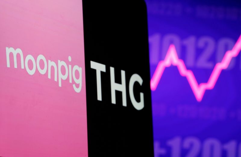 FILE PHOTO: Moonpig and THG (The Hut Group) logos are seen on laptop in front of displayed stock graph in this illustration taken