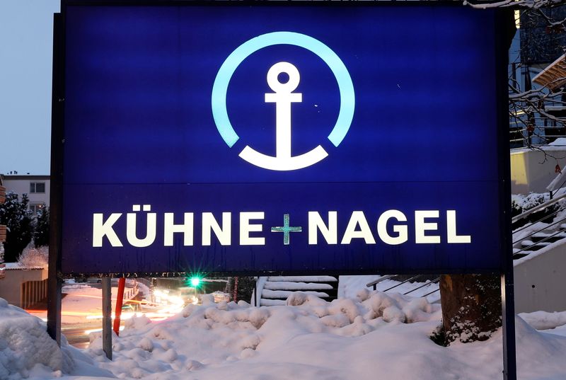 FILE PHOTO: Logo of Swiss logistics group Kuehne + Nagel is seen at its headquarters in Schindellegi