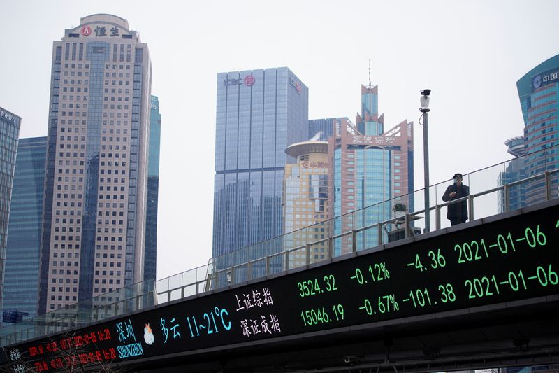 FILE PHOTO: A man stands on an overpass with an electronic board showing Shanghai and Shenzhen stock indexes in Shanghai