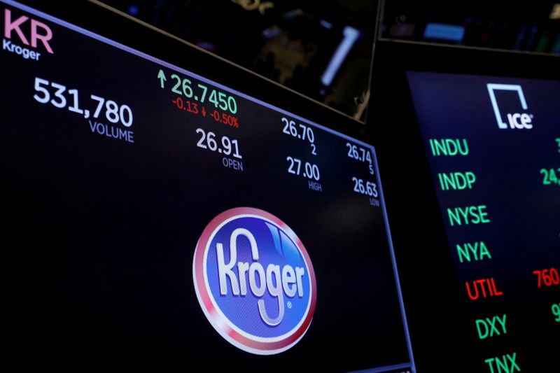 A logo of Kroger is displayed on a monitor above the floor of the New York Stock Exchange in New York