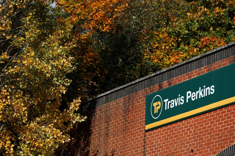 Signage is pictured at a building of Travis Perkins, a timber and building merchants yard in St Albans