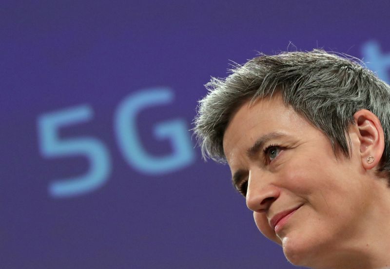 FILE PHOTO: European Digital Economy Commissioner Vestager looks on as she communicates on the EU's 5G plan in Brussels