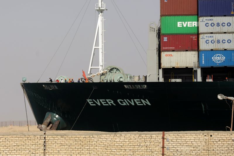 Ship Ever Given, one of the world's largest container ships, is seen after it was fully floated in Suez Canal