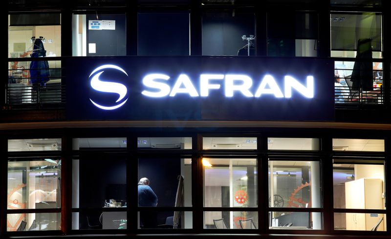 FILE PHOTO: The logo of Safran is seen outside the company's headquarters in Issy-les-Moulineaux near Paris