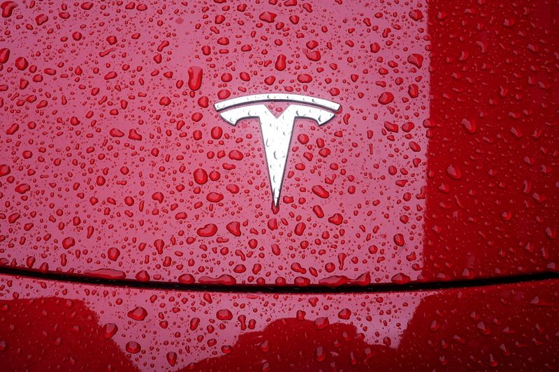 Foto de archivo del logo de Tesla en un auto en Nueva York 