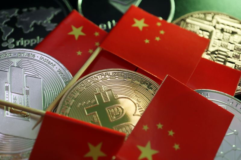 Illustration picture of China flags and cryptocurrencies