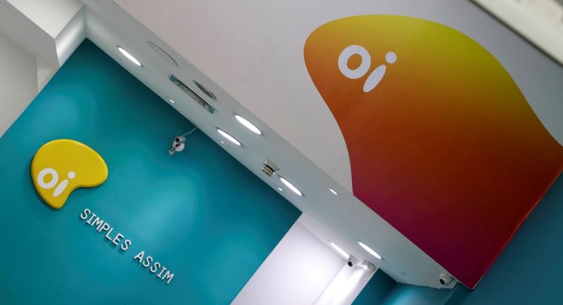 The logo of Brazilian telecoms company Oi SA is pictured inside a store in Sao Paulo
