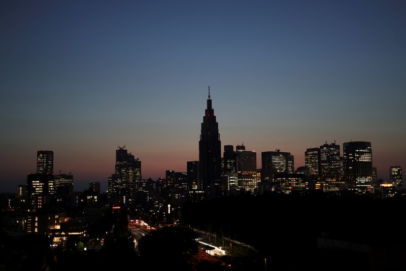 A skyline of buildings at Shinjuku district are seen during sunset in Tokyo
