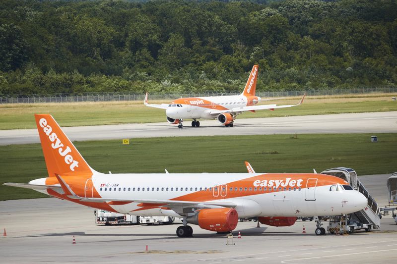 FILE PHOTO: Two easyJet airline aircrafts are pictured on the tarmac at Cointrin airport in Geneva