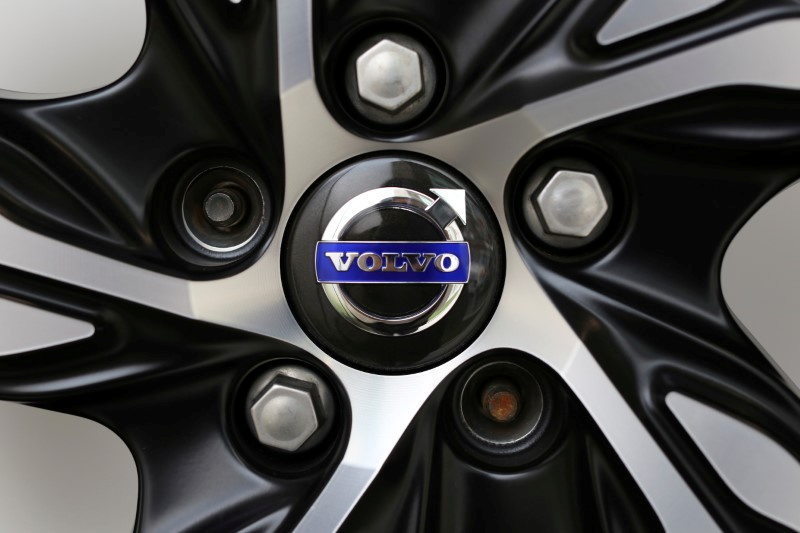 FILE PHOTO: A Volvo logo is seen on a rim displayed at a Volvo showroom in Mexico City