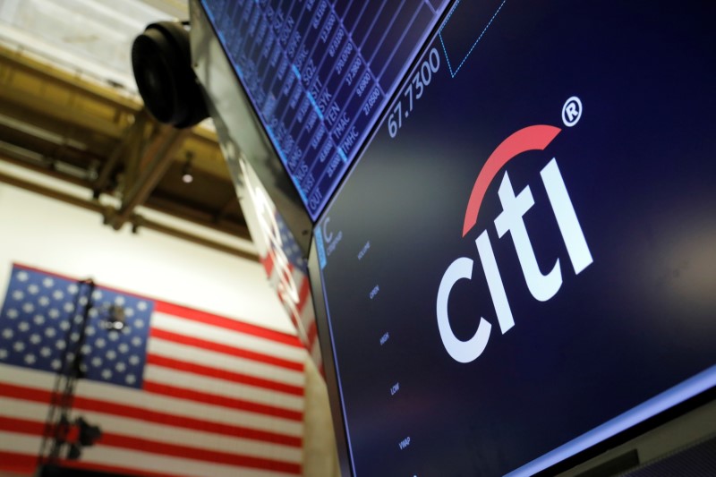 FILE PHOTO: The logo for Citibank is seen on the trading floor at the New York Stock Exchange (NYSE) in Manhattan, New York City