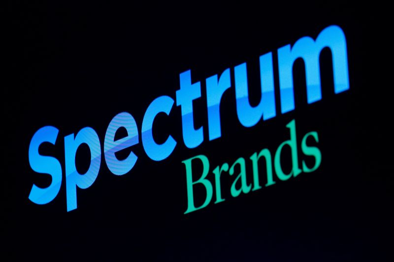 The logo for Spectrum Brands Holdings, Inc., is displayed screen on the floor of the NYSE in New York