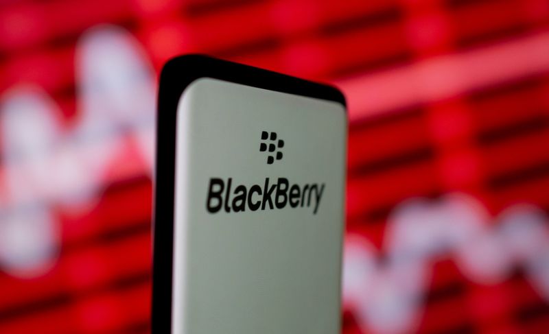 FILE PHOTO: The Blackberry logo is seen on a smartphone in front of a displayed stock graph in this illustration