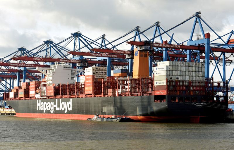 FILE PHOTO: A Hapag Lloyd container ship is loaded at a shipping terminal in the harbour of Hamburg