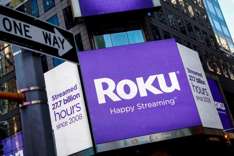 FILE PHOTO: A video sign displays the logo for Roku Inc, a Fox-backed video streaming firm, in Times Square after the company's IPO at the Nasdaq Market in New York