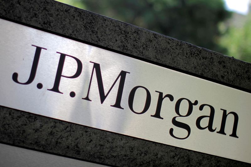 FILE PHOTO: The logo of Dow Jones Industrial Average stock market index listed company JPMorgan Chase (JPM) is seen in Los Angeles