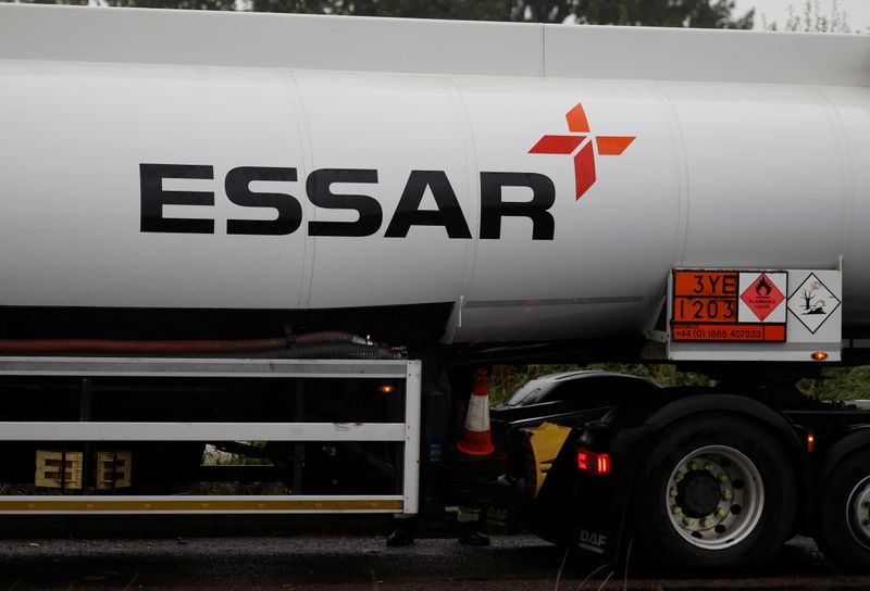 FILE PHOTO: Essar branded fuel tanker is seen near Essar Oil UK’s Stanlow oil refinery near Ellesmere Port