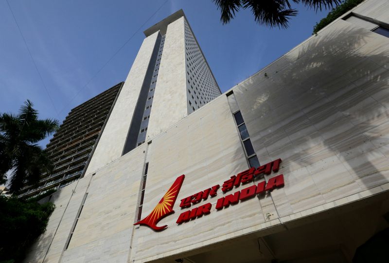 The Air India logo is seen on the facade of its office building in Mumbai