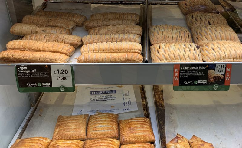 FILE PHOTO: Vegan sausage rolls and Steak Bakes are seen for sale in a Greggs bakery near Manchester