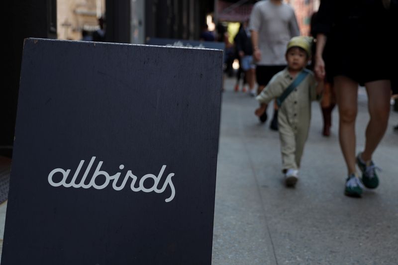 A sign on the entrance to the Allbirds flagship store is seen in Manhattan, New York City