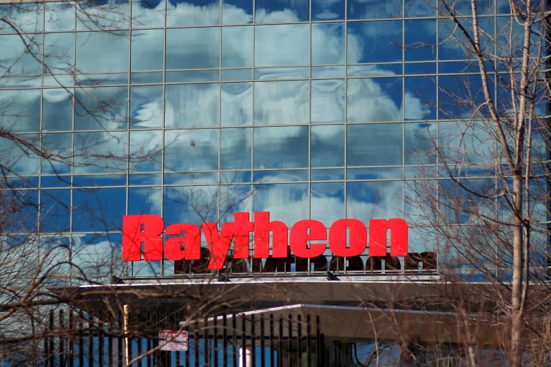 A sign marks the Raytheon offices in Woburn