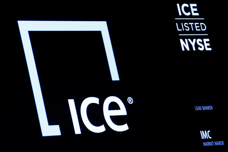 FILE PHOTO: A screen displays the logo and ticker symbol for Intercontinental Exchange, Inc. on the floor of the NYSE