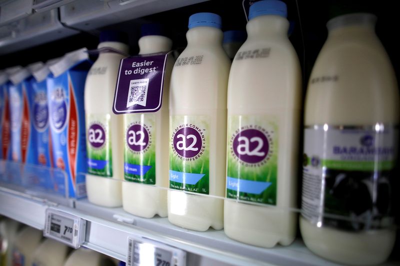 FILE PHOTO: A2 milk is seen on a supermarket shelf in Singapore