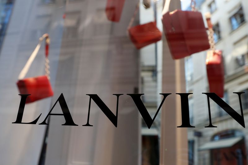 FILE PHOTO: The logo of Lanvin, luxury clothing and accessories, is seen on a French fashion house Lanvin store window in Paris