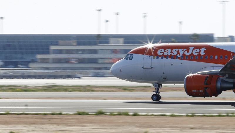 FILE PHOTO: EasyJet airliner lands at Son Sant Joan airport in Palma de Mallorca