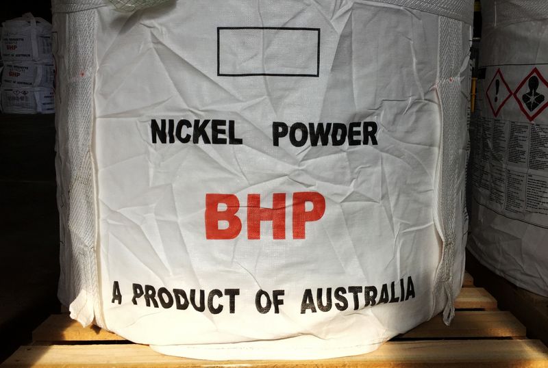 FILE PHOTO: A tonne of nickel powder made by BHP Group sits in a warehouse at its Nickel West division, south of Perth