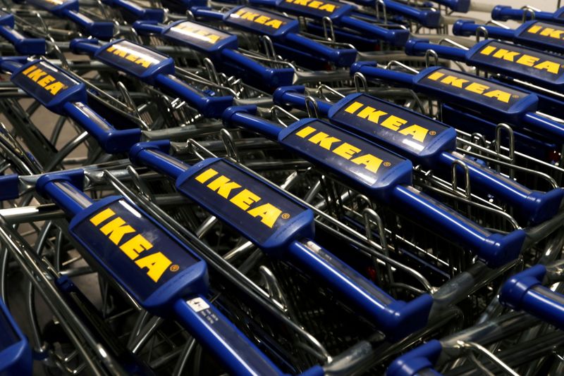 FILE PHOTO: The IKEA logo is seen on shopping carts inside the new IKEA store in Navi Mumbai
