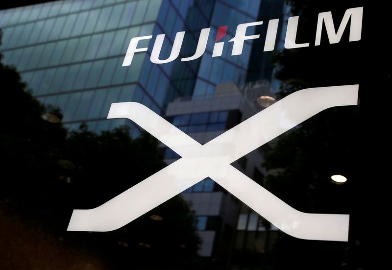 FILE PHOTO: Fujifilm's company logo is seen at its exhibition hall nearby the headquarters of Fujifilm Holdings Corp in Tokyo