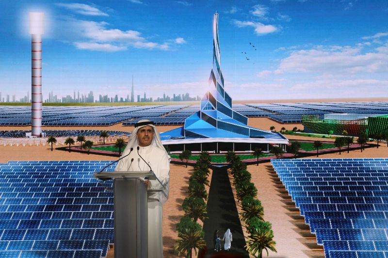 FILE PHOTO: Saeed Al Tayer, chief executive of DEWA, speaks during the groundbreaking ceremony of the 4th phase of Mohammed bin Rashid Al Maktoum Solar Park, south of Dubai