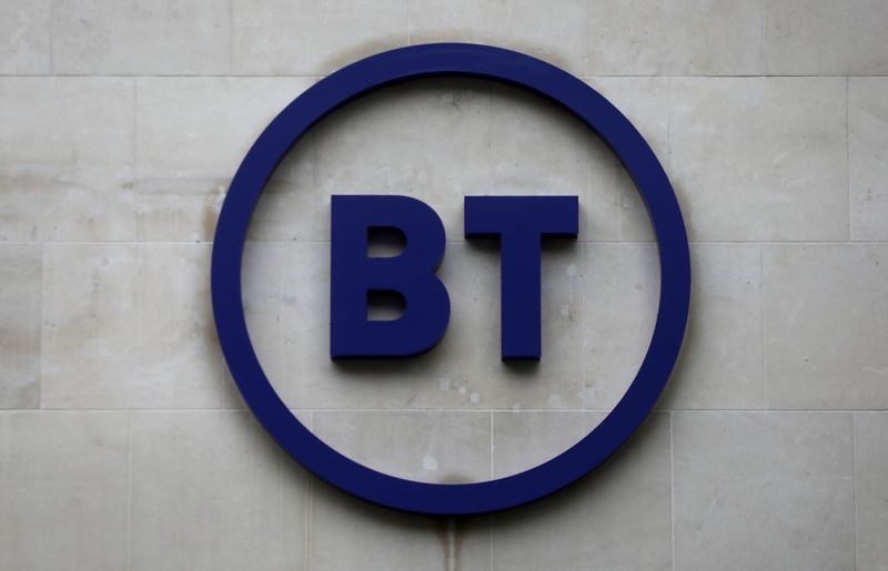 FILE PHOTO: Company's logo is displayed at British Telecom (BT) headquarters in London