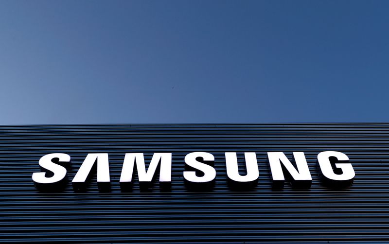 FILE PHOTO: The logo of Samsung is seen on a building during the Mobile World Congress in Barcelona