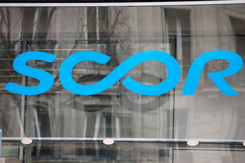 The logo of reinsurance company Scor is seen at its the Paris headquarters