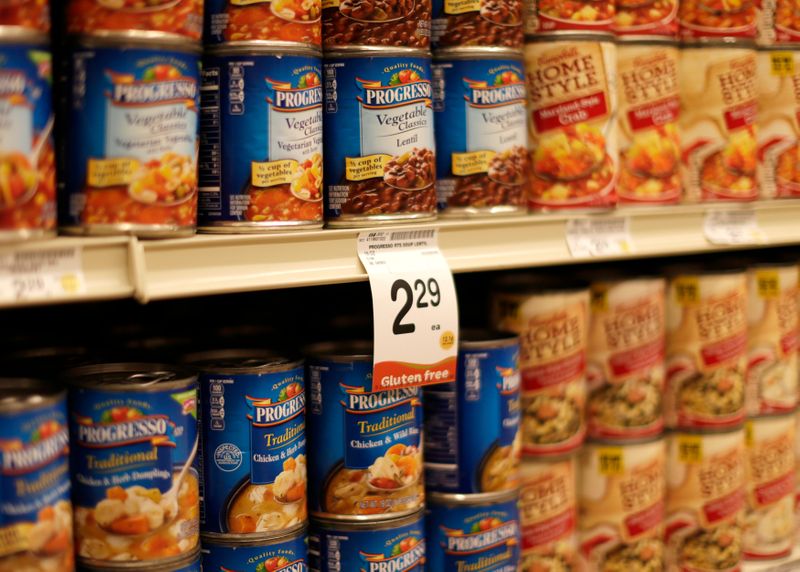 Cans of Progresso and Campbell's brand Chunky soups are seen at the Safeway store in Wheaton Maryland