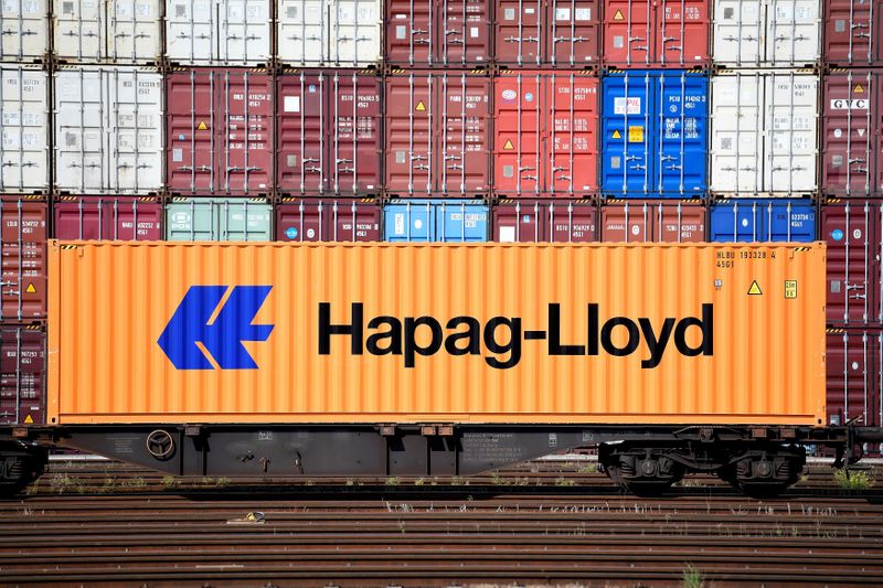 FILE PHOTO: A Hapag-Lloyd container is pictured at a loading terminal in the port of Hamburg
