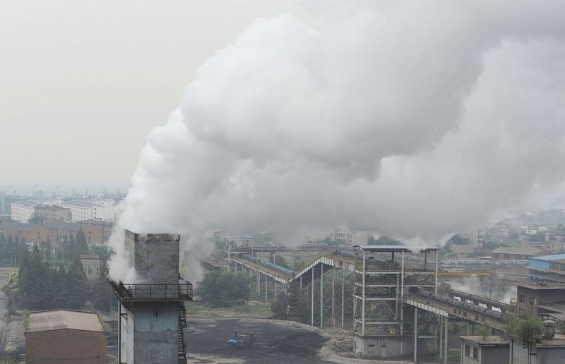 FILE PHOTO: Smoke billows from a chimney at a coking factory in Hefei