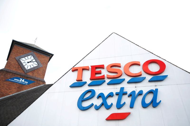 FILE PHOTO: A Tesco sign is pictured outside a Tesco supermarket in Hatfield