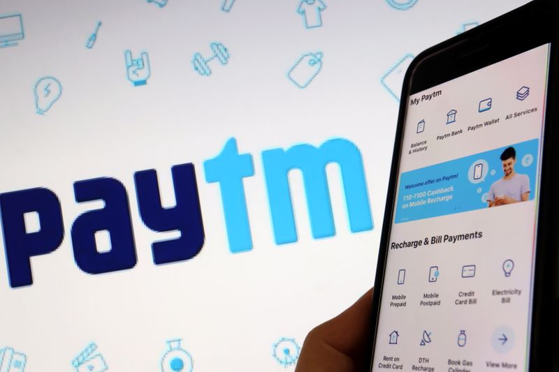 FILE PHOTO: FILE PHOTO: The interface of Indian payments app Paytm is seen in front of its logo displayed in this illustration picture