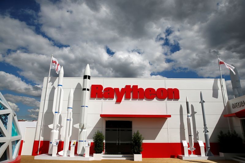 FILE PHOTO: The Raytheon stand is seen at the 53rd International Paris Air Show at Le Bourget Airport near Paris