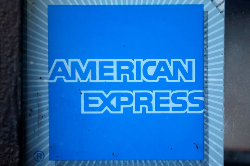 The logo of American Express (AXP) is seen in Los Angeles, California