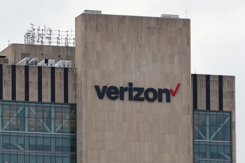 The Verizon logo is seen on the 375 Pearl Street building in Manhattan, New York City