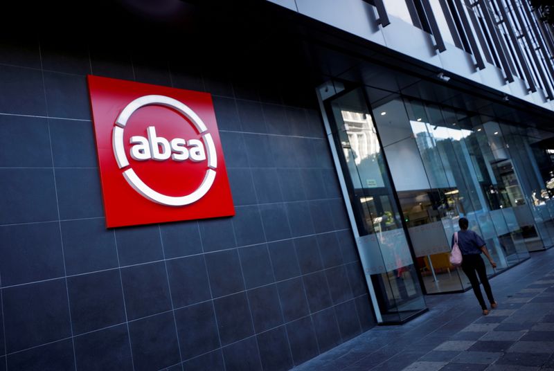 FILE PHOTO: The logo of South Africa's Absa bank is seen outside an Absa branch in Cape Town
