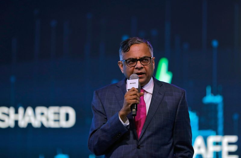 FILE PHOTO: N Chandrasekaran, Chairman of Tata Sons, speaks at the unveiling of Tata Motors HBX compact SUV at the India Auto Expo 2020 in Greater Noida